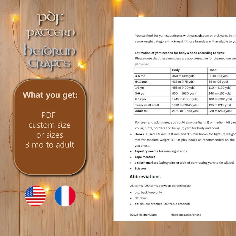 Puede incluir: Un patr&oacute;n PDF imprimible para un poncho de crochet con un dise&ntilde;o de luna y estrellas. El patr&oacute;n incluye instrucciones para tallas desde los 3 meses hasta el adulto, con los requisitos de hilo enumerados para cada talla. El patr&oacute;n est&aacute; disponible en t&eacute;rminos de crochet estadounidenses y brit&aacute;nicos.