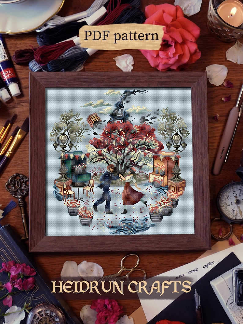 Finished embroidery displayed in a wooden frame of the Gustave and Sophie cross stitch pattern. Inspired by a dance scene in Clair Obscur : Expedition 33 game of the year.  Perfect decoration for a gaming room, a streamer, a crafting corner for fans of the game E33.