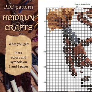 Narrative RPG cross stitch pattern with Verso and his younger self surrounded by floating elements like a manor, piano, and magical objects.