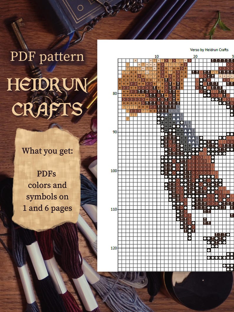 Narrative RPG cross stitch pattern with Verso and his younger self surrounded by floating elements like a manor, piano, and magical objects.