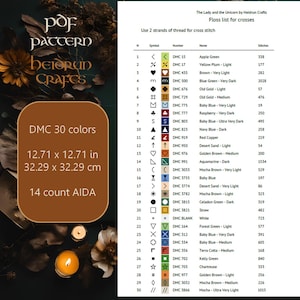 May include: A floss list for cross stitch with 30 colors, symbols, DMC numbers, names, and stitch counts for a cross stitch pattern called "The Lady and the Unicorn" by Heidrun Crafts. The pattern is 12.71 inches by 12.71 inches or 32.29 centimeters by 32.29 centimeters and uses 14 count Aida cloth.