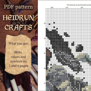 Flat lay of printed cross stitch pattern preview pages, including color key and chart for Paintress scene in digital PDF format