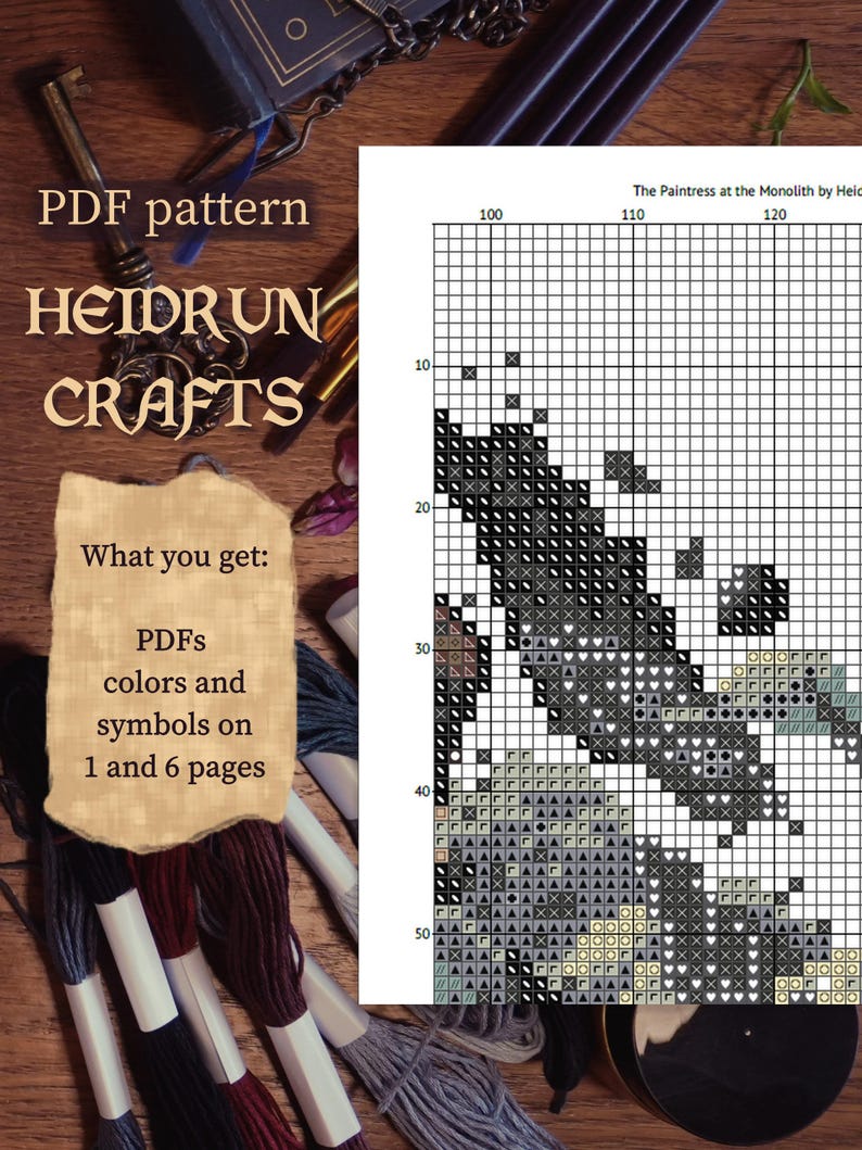Flat lay of printed cross stitch pattern preview pages, including color key and chart for Paintress scene in digital PDF format