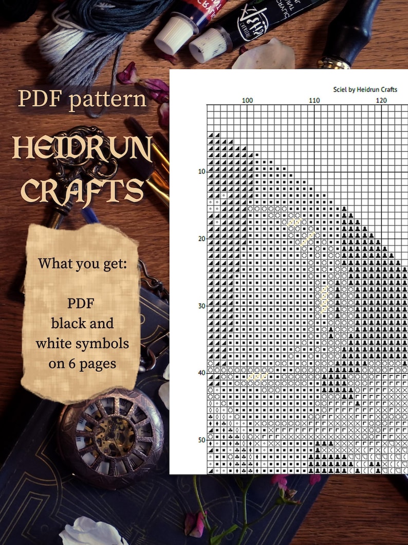 Preview of the included cross stitch pattern pages with symbols, color references, and stitching instructions.