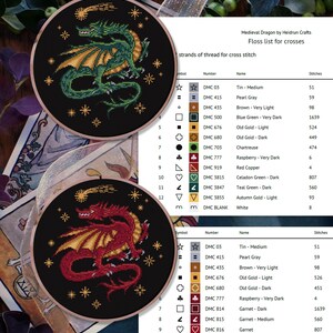 A cross stitch pattern featuring a green dragon with gold wings and a comet in the background. The pattern includes a colour chart with DMC floss numbers and names for each colour.