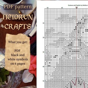 Partial screenshot of a page of the Gustave and Sophie cross stitch pattern from the Clair Obscur Expedition 33 series. Shows the black and white version of the cross stitch chart with symbols and counted cross stitch grid. Focus on the Eiffel Tower design with clouds and red and white tree. A great and rewarding crafting project for any fan of the expedition 33 license.