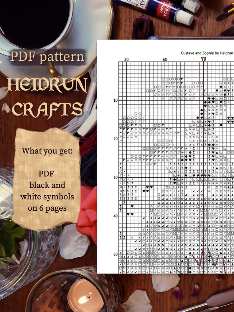 Partial screenshot of a page of the Gustave and Sophie cross stitch pattern from the Clair Obscur Expedition 33 series. Shows the black and white version of the cross stitch chart with symbols and counted cross stitch grid. Focus on the Eiffel Tower design with clouds and red and white tree. A great and rewarding crafting project for any fan of the expedition 33 license.