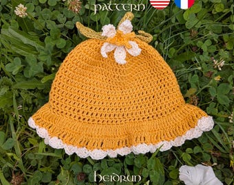 Cappello da sole a forma di limone, modello PDF all'uncinetto - Taglie da neonato ad adulto in inglese e francese, cappello estivo leggero in cotone, tesa arricciata, cappello alla frutta fai da te