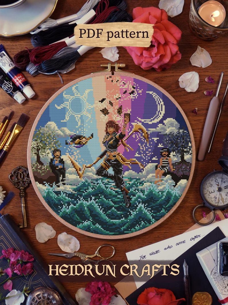 Sciel floating above a calm sea at sunset, surrounded by Verso, Pierre, their child, Esquie, celestial symbols, and flying cards in warm gold and orange tones.