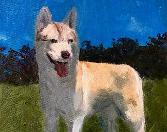 May include: A painting of a white and brown dog with a pink tongue sticking out. The dog is standing on a green grassy field with a blue sky in the background.