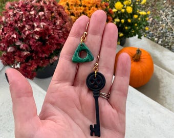 READY TO SHIP Polymer Clay Coraline Stone and  Button Key Dangly Earrings