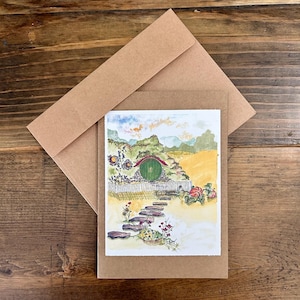 Tarjeta de hobbit: Tarjeta de felicitación en blanco de Hobbit Hole, acuarela de la Comarca, impresión de acuarela, arte original, papelería, El Señor de los Anillos