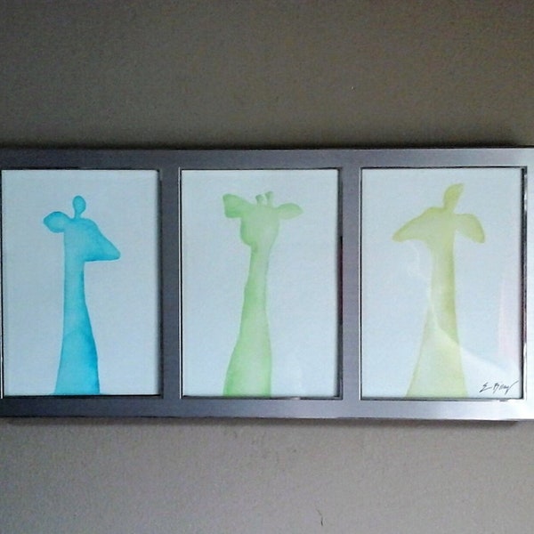 Giraffe Nursery Watercolor Painting: Original Art of Three Giraffes in Blue, Green, and Yellow for Baby or Childs Room