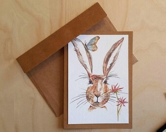 Konijnenkaart: blanco wenskaart, aquarelprint, originele kunst, stilstaande natuur, bosdier, konijnprint