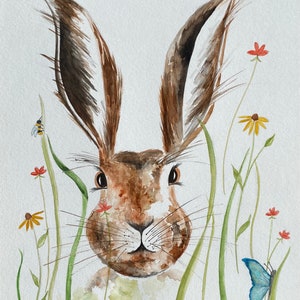 Rabbit Watercolor ORIGINAL Painting: Rabbit Painting,  Original Watercolor, Butterfly Art, Nursery Decor