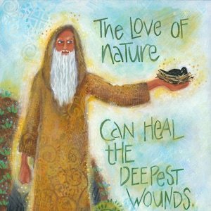 St. Kevin of Glendalough art, Celtic saint art, ecology art, original by Vicki Shuck, free first class shipping in US, digital reproduction