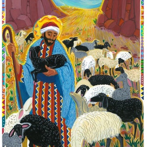 Good shepherd wall art, contemporary Christian art, free 1st class shipping in US, reproduction of original art by Vicki Shuck,