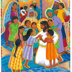 Wall art, Let the Children Come to Me!, Jesus welcoming children, reproduction of painting by Vicki Shuck, free 1st class shipping in US
