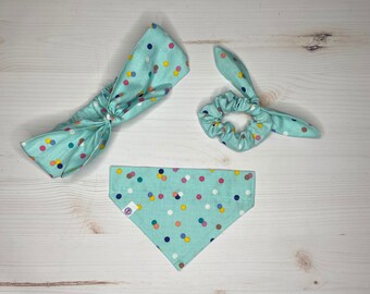 multi polka dots print items | over the collar dog bandana | dog mama headband or scrunchie