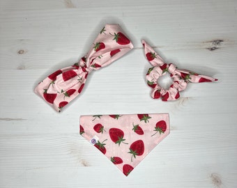 strawberry dots print items | over the collar dog bandana | dog mama headband or scrunchie