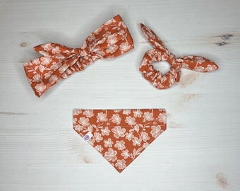 rust floral print items | over the collar dog bandana | dog mama headband or scrunchie