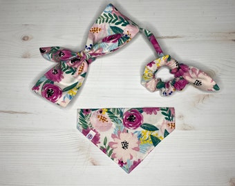 watercolor floral print items | over the collar dog bandana | dog mama headband or scrunchie