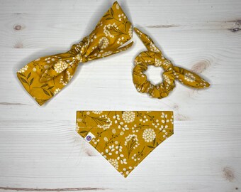 mustard floral print items | over the collar dog bandana | dog mama headband or scrunchie