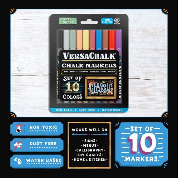 Neon Liquid Chalk Markers by VersaChalk - Wet Erase Chalk Ink Pens for  Chalkboard Signs, Blackboard, Dry Erase Board (5mm Bold Reversible Tip)