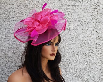 Large Pink Crinoline Fascinator, Feather Headpiece