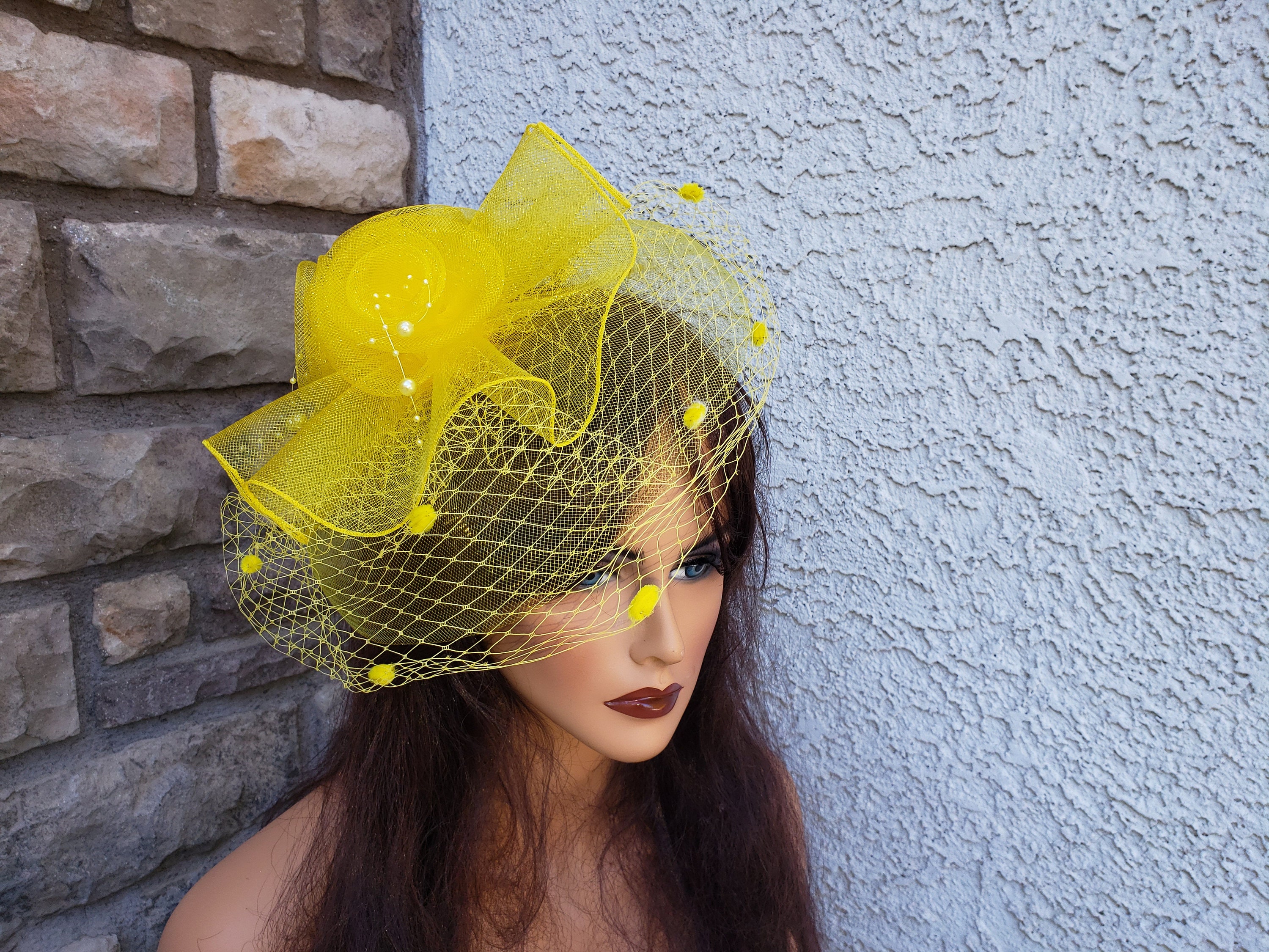 Yellow Crinoline Fascinator With Netting and Beads - Etsy display picture 2