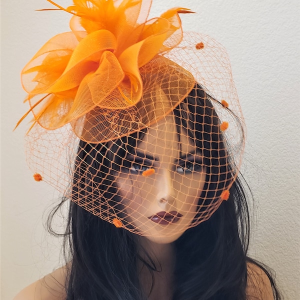 Orange fascinator veil dress formal wedding ascot Kentucky derby