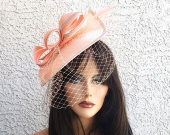 Peach Fascinator Tulle Flower Beads Feathers Headband Tea Weddings Church Brunch Yeetfub Derby Headband Fascinator Headband for Women Hat for  main image 4