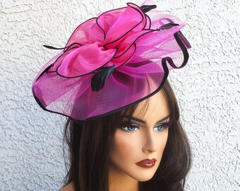 Fuchsia Crinoline Fascinator, Black Feather Accents