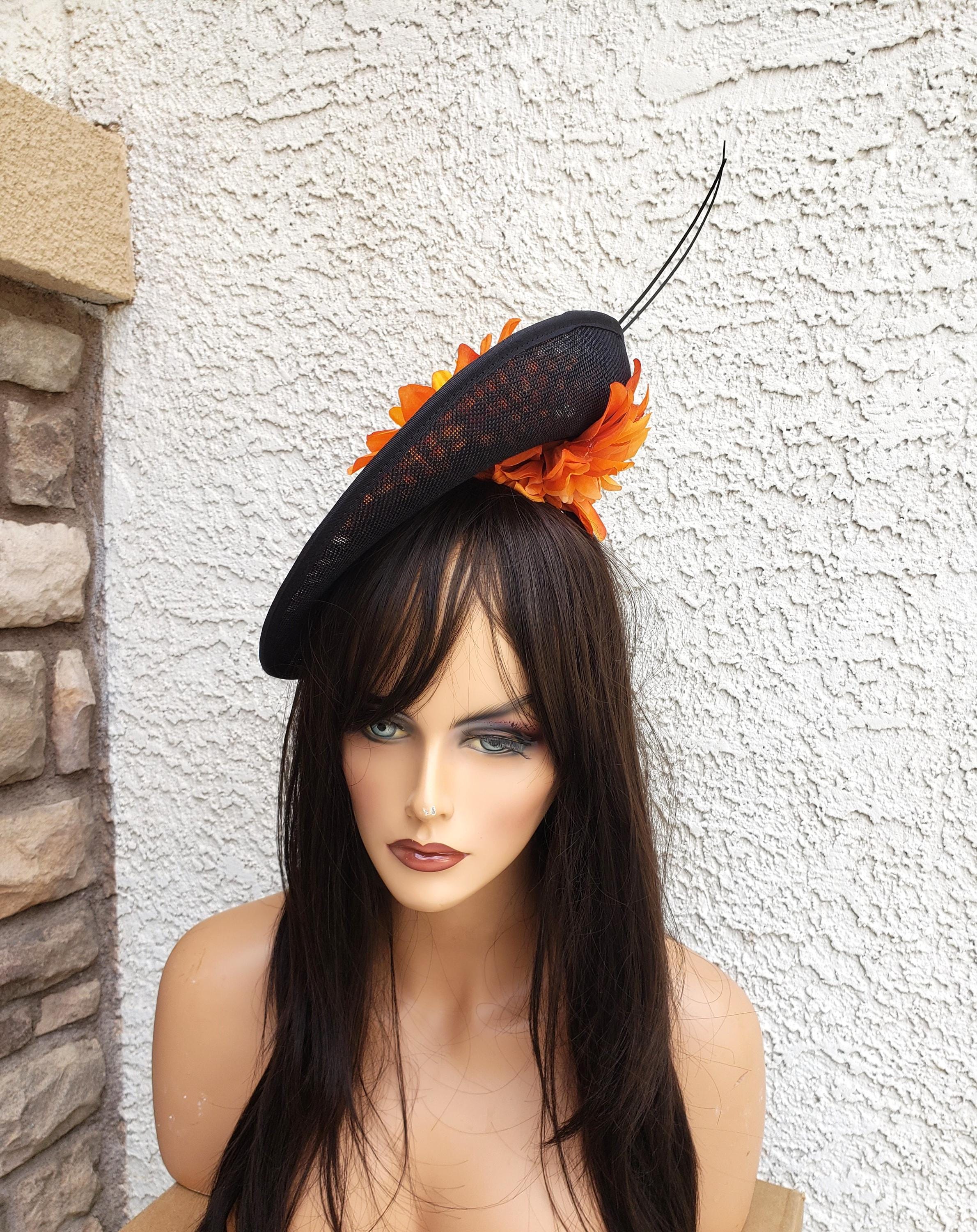 Elegant Orange and Black Hat with Wide Brim and Dramatic Decoration Orange fedora hat 9.5cm brim feather accessories wide brim  main image 3
