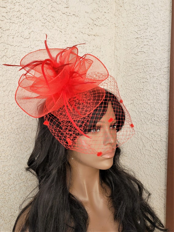 Red Crinoline Fascinator, Dotted Veil, Goose Biot Feather  display picture 2