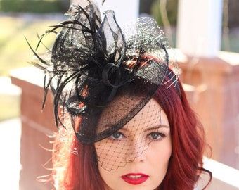 Black Fascinator on headband - light and easy to wear Women's Hat with Veil, Kentucky Derby Hat, wedding hat, British Hat