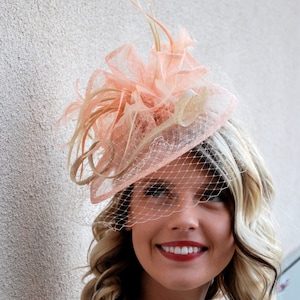 Peach and Champagne Fascinator on headband, The Brynlee, Women's High Tea Party Hat, Hat with Veil, Kentucky Derby Hat, wedding hat, image 2
