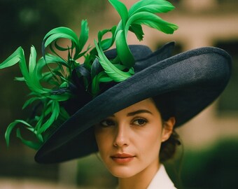 Navy Blue and Lime Green Derby-style Hat - Etsy display picture 3