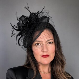 Black Fascinator veil Hat for Women formal black hat for Kentucky Derby Races Cocktail Headpiece Formal Event Headband funeral hat with veil image 1