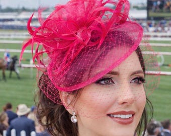 Fuchsia hot Pink Fascinator with veil on headband, Kentucky Derby Hat, Tea Party women’s hat, ladies formal fascinator, church easter hat