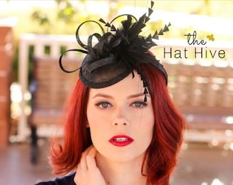 Black Fascinator on headband, "The Haleigh"  - Kentucky Derby Hat - Wedding Hat - English High Tea Hat, Tea Party Hat, Fascinator