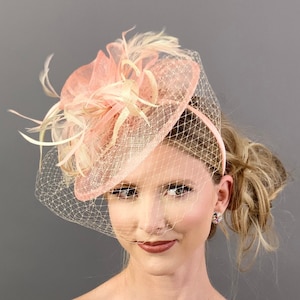 Peach and Champagne Fascinator on headband, The Brynlee, Women's High Tea Party Hat, Hat with Veil, Kentucky Derby Hat, wedding hat, image 3