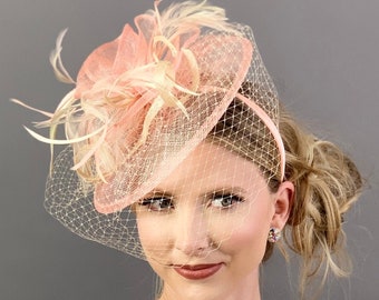 Pink Champagne Fascinator Womens Tea Party Hat with Veil Kentucky Derby Hat wedding guest hat fascinator for Kentucky derby theme shower