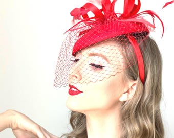Red Fascinator with Veil on headband Tea Party hat for garden party fascinator Kentucky Derby red hat for Cocktail party baby shower hat