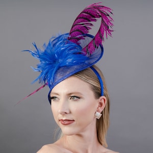 Royal Blue & Pink tall Fascinator Womens Tea Party Hat derby theme garden party formal event fascinator for horse racing event headpiece