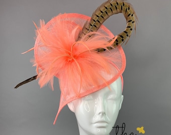 The Taylor Coral with Pheasant feathet Fascinator, Tea Party Hat, Church Hat, Kentucky Derby Hat, Fancy Hat, Pink Hat, Wedding Hat, British