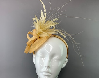 Champagne Gold Fascinator on headband, Kentucky Derby Hat, Women's Tea Party Hat, Church Hat, Fancy Hat, Cocktail Hat, wedding Hat
