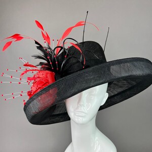 Black flipped wide brim hat Kentucky Derby Hat Red and black formal event hat for funeral headpiece for wedding garden tea party theme hat