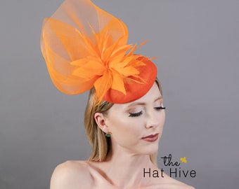 Orange Crinoline Mesh Fascinator with Clip & Headband Option, Black Derby Hat, Women's Tea Party Hat, Church Hat, Royal Hat, Horse Hair Hat
