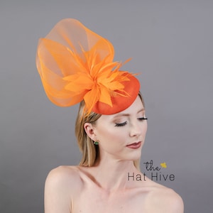 Orange Crinoline Mesh Fascinator with Clip & Headband Option, Black Derby Hat, Women's Tea Party Hat, Church Hat, Royal Hat, Horse Hair Hat